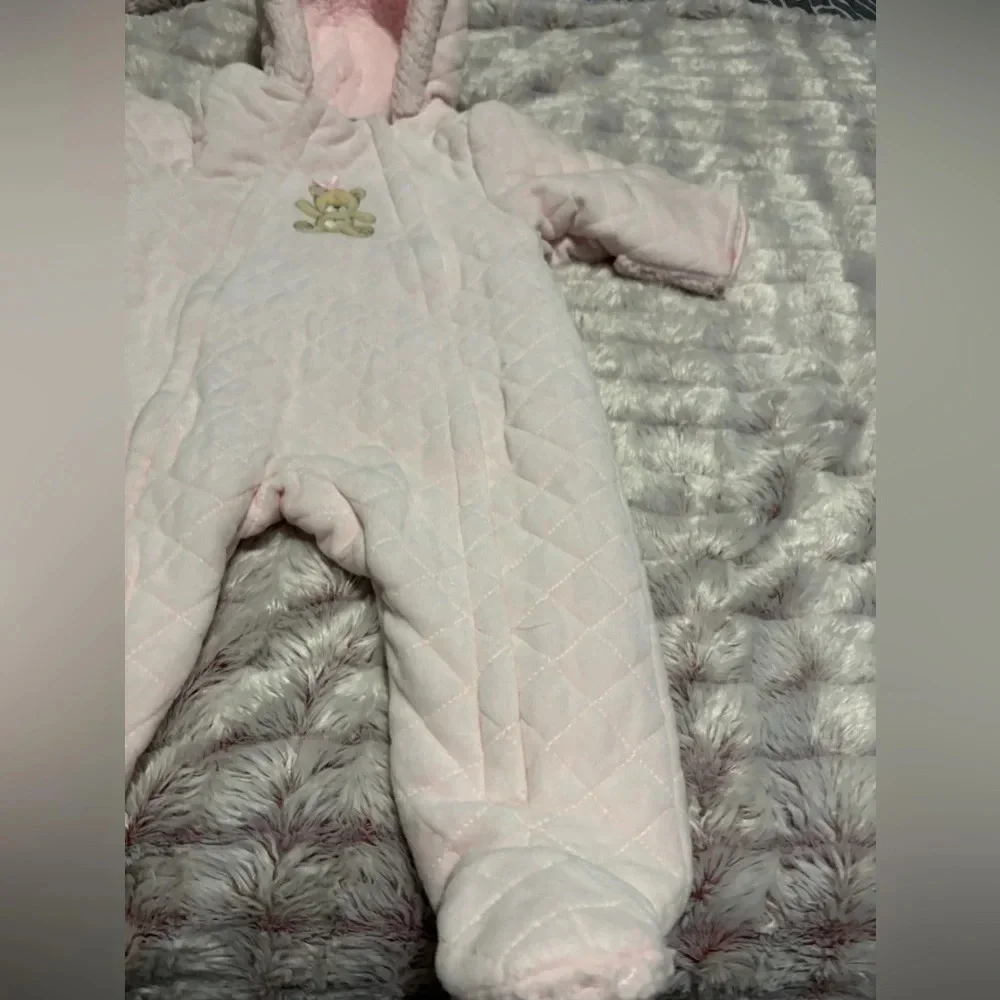 Little Me Blush Pink Bear Quilted Hooded Double Zip Footed Insulated Pram 6-9m